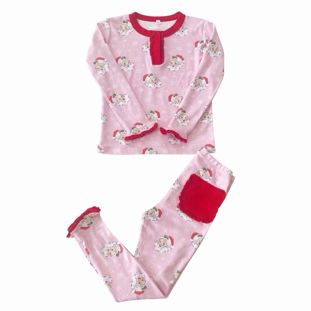 Smockingbird Vintage Santa Pink Knit Pajama Set Size 2 BNWT In Package *Retired